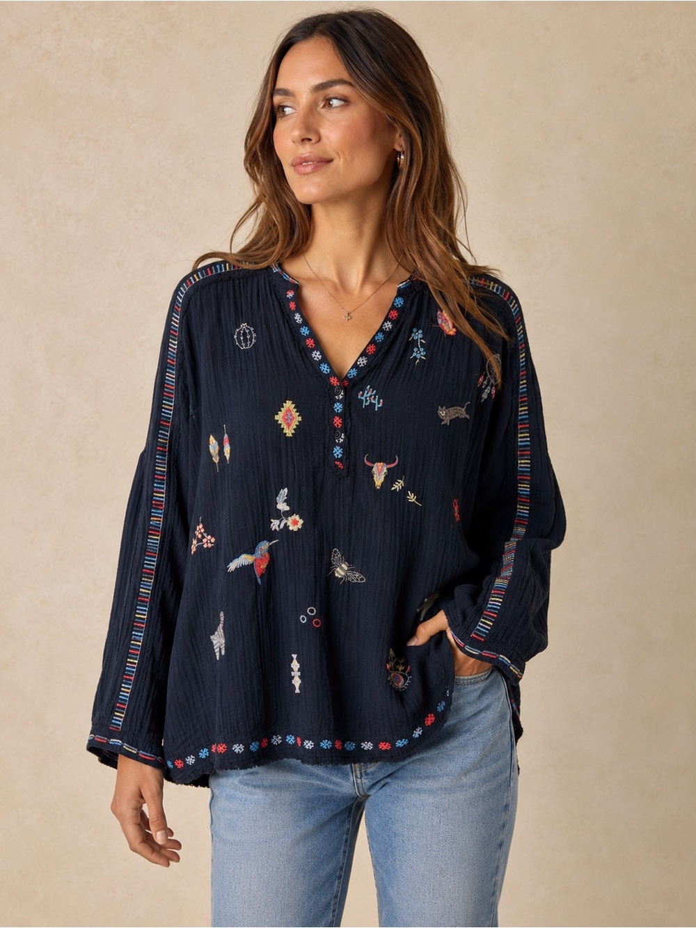Johnny Was Pete & Greta Embroidered Motif Black Gauze Cotton Tunic Top Med